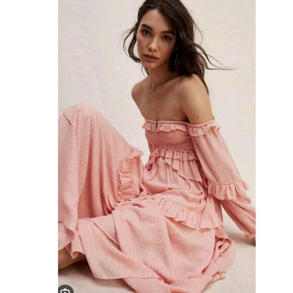 Free People x Spell Clementine Mermaid Maxi Dress $299 XS Pink SMOCKED Ruffled - Picture 2 of 8